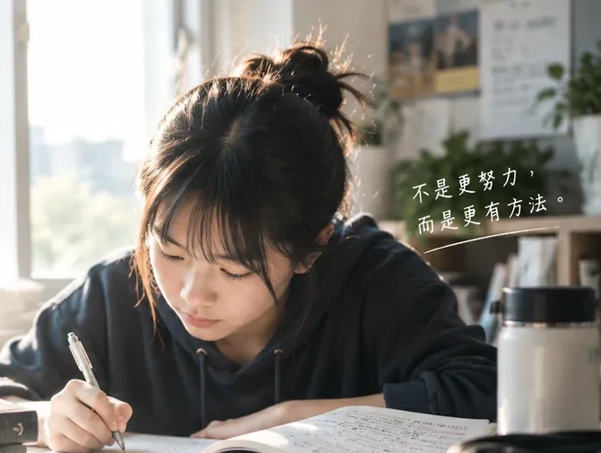 九年級學生在書桌前專心寫筆記